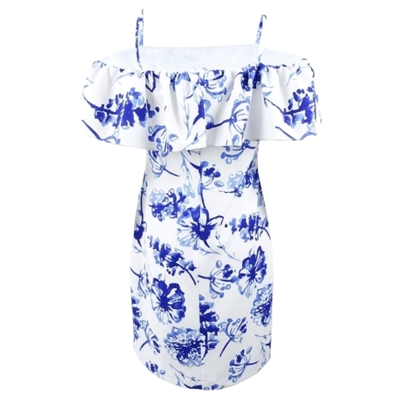 RALPH LAUREN Cold Shoulder Blue Floral‎ Crepe Midi Dress Cottagecore Women's 8 - Picture 1 of 16